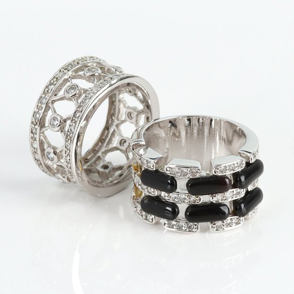 Onyx & Crystal Station Band Ring  and Crystal Silver-Plated Ring Bundle Size 8 - Picture 1 of 6